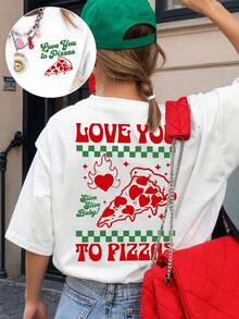 EMERY ROSE Front And Back Prints: "Love You To Pizzas" Pizza Heart. Casual Plus Size T-Shirt - White - View 1