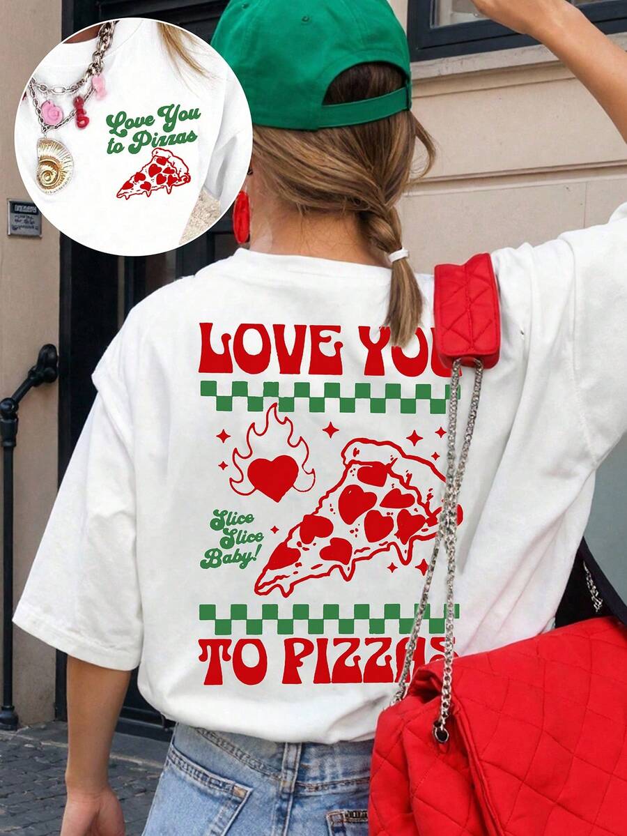 EMERY ROSE Front And Back Prints: "Love You To Pizzas" Pizza Heart. Casual Plus Size T-Shirt - White - View 1