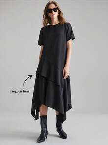 Ontre 女士黑色抗皱缎面面料，搭配挺括宽大舒适面料拼接设计，圆领，常规肩部，短袖，不规则不对称设计，不同面料特性拼接，现代都市休闲商务正式办公穿着，低调复古风，轻松优雅都市通勤装，高品质机场连衣裙，高抗皱高端面料长裙 - 黑色 - 查看 3