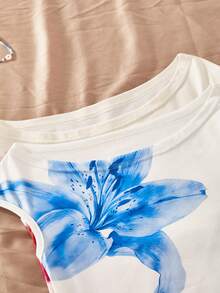SHEIN Sparklyn 2pcs/Set Girls Vacation Tight Off-Shoulder Multi-Piece Multi-Color T-Shirt - White - View 6