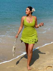 Sunnyshic Große Größen Neckholder Rüschen Saum Retro Amerikanischer Stil Bodycon Kleid - Grün - Übersicht 6