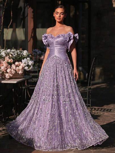 Glamrae Elegant Light Gray-Purple Luxury 3D Beaded Embroidery, Wide Strap Square Neck Bask Waist Handmade Woven Rope Belt Super Flared A-Line Skirt, Suitable For Dates, Vacations, Singles Parties, Weddings, Women's Evening Gown