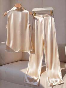 GlowEve 2件套优雅纯色吊带背心和裤子套装，夏季 - 杏色 - 查看 2