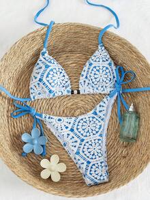 Bonvoyette Nuevo conjunto de bikini de 2 piezas de lujo y elegante Swim Vcay, con encaje de ganchillo blanco y triángulo caramelo/marrón.Top de natación con cuello de halter y acentos de cuentas de madera, tanga sexy de corte alto para traje de baño/bañador de verano, playa, piscina, vacaciones, estilo retro Y2K Spice Hot Girl, festival de música, salidas a la tropical, vacaciones en la isla costera y vibraciones modernas - Azul - Ver 2