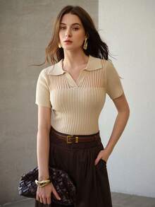 MOTF PREMIUM 女士镂空针织短袖T恤，夏季新款修身针织上衣 - 杏色 - 查看 1