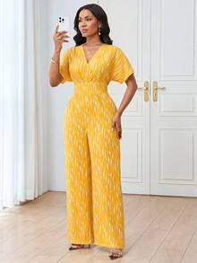 Lunelith SHEIN Lunessa V领短袖条纹印花弹力腰收腰优雅休闲连体裤 - 黃色 - 查看 6