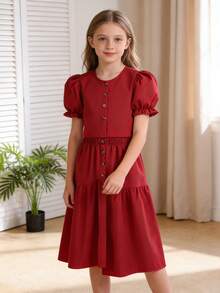 SHEIN 2pcs Tween Girl Print Petal Sleeve Shirt + Asymmetric Button Skirt Set, Comfortable Spring/Summer Holiday Outfit - Burgundy - View 1
