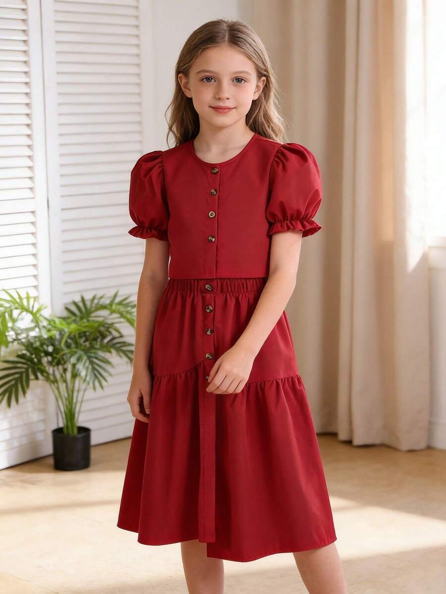 SHEIN 2pcs Tween Girl Print Petal Sleeve Shirt + Asymmetric Button Skirt Set, Comfortable Spring/Summer Holiday Outfit - Burgundy - View 1