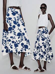 Lumivelle Women's Casual Vacation A-Line Low Waist Blue Floral Print Skirt Long Floral Skirt Flower Skirt Skirt Midi - Blue - View 9
