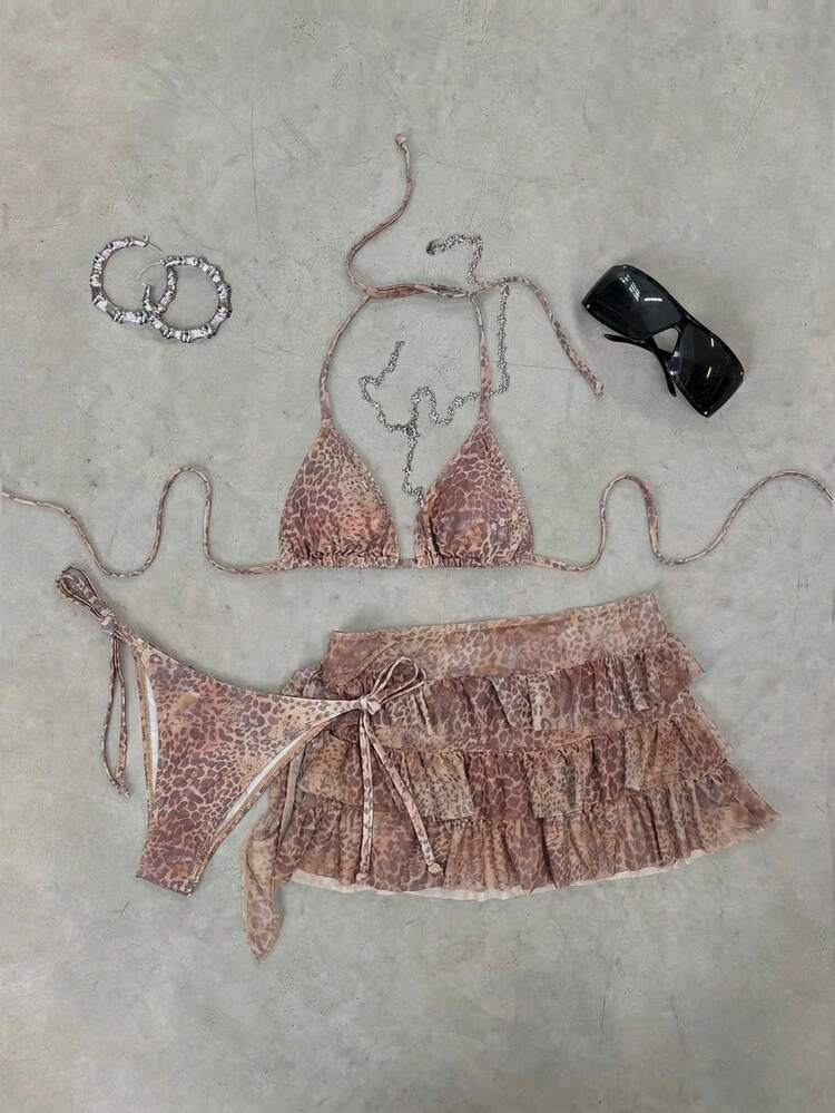 Elavelle 3pcs/Set Women's Random Print Halter Neck Bikini Set, Spring/Summer - Multicolor - View 3