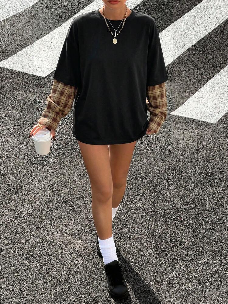 Muchica 女士休闲撞色针织T恤 - 黑色 - 查看 6