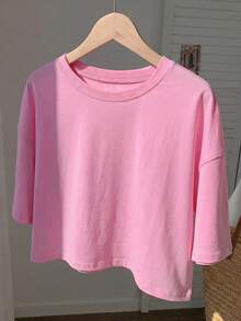 SHEIN EZwear 女士粉色短袖休闲圆领T恤夏季 - 粉色 - 查看 3