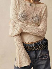 Bohemela 女士纯色休闲百搭日常长袖毛衣 - 杏色 - 查看 7