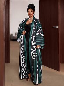 Maweii Plusstorlek Dam Randig Heltryck Casual Vardagskläder Öppen Fram Lång Morgonrock - Blågrön - Visa 1