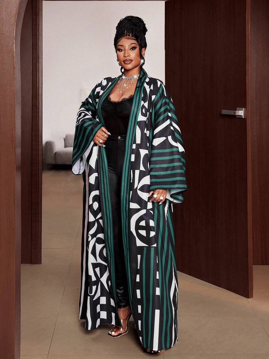 Maweii Plusstorlek Dam Randig Heltryck Casual Vardagskläder Öppen Fram Lång Morgonrock - Blågrön - Visa 1