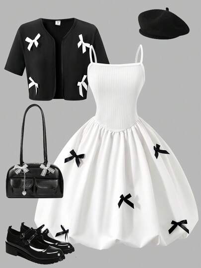 Spring/Summer Wine Red Bow Tie Camisole Waist Flared Midi Dress + White Short Sleeve Bow Tie Decor Cropped Cardigan Set, Sweet Girl Style Daily, Date, Commute Vintage Rejuvenating Fitted Lantern Dress 2-Piece Set. Girl Set Includes Black Elegant Tie Cardigan & White Tie Camisole Puff Sleeve Dress