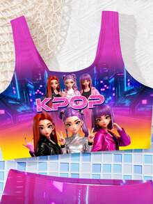 SHEIN 女童休闲简约吊带背心和卡通印花三角泳裤泳衣套装，适合夏季穿着 - 彩色 - 查看 4