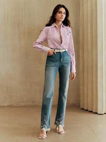 Anewsta Elegant Embroidered Design Pink Striped Casual Blouse For Women, Versatile Floral Work, Suitable For Spring To Summer - Pink - View 5