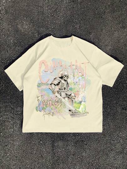 Manfinity EMRG Camiseta de manga corta de corte holgado color crema albaricoque para hombre, con estampado de calavera de samurái y flores en acuarela, estilo gótico streetwear, adecuada para conciertos de verano/vacaciones
