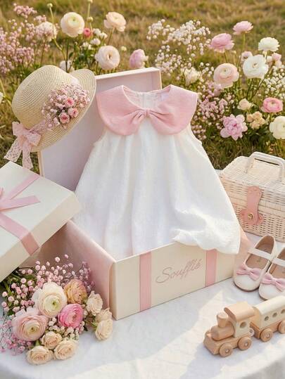 Souflis Souflis 0-3 Years Old Baby Girls' French Style Elegant Sleeveless Bow Decor Floral Ruffle Dress, Suitable For Party, Casual Occasions