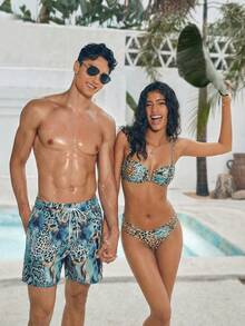 Manfinity Swimmode Pantalones cortos de playa casuales para hombres con estampado de leopardo y cordón en la cintura - Multicolor - Ver 1