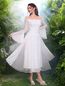 Modelyn French White Lace Off-Shoulder Long Sleeve Mesh Flared Dress - Pearl White - View 4