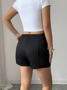 SHEIN Elenzya Elegant Summer Casual Asymmetrical Waistband Design Button Decor Black Women Shorts - Black - View 2