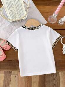 Ropa de primavera y verano para niñas bebés, camiseta de manga corta casual y cómoda con estampado de lazo y estampado de leopardo, adecuada para atuendos casuales de primavera/verano - Multicolor - Ver 2