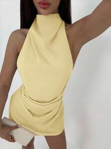Aloruh Vestido mini plisado con espalda descubierta y lazo elegante y minimalista para mujeres - amarillo ganso - Ver 4