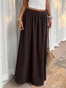 Firerie 女士收腰长裙，休闲度假亚麻质感半身裙，松紧腰设计，春夏百搭，优雅百搭，适合通勤、约会、工作、返校、波西米亚风、度假、海滩、舒适日常穿着，休闲百搭，也适合音乐节等场合。 - 咖啡棕 - 查看 4