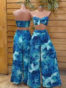 Lunelith SHEIN Lunessa 2pcs Women's Floral Print Bandeau Tie Waist Wide Leg Pants Set, Spring/Summer - Multicolor - View 4