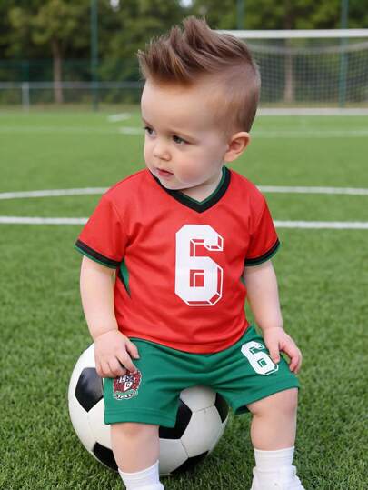 SHEIN 2pcs/Set Baby Boy Summer Sports Casual Patchwork V-Neck Top And Shorts Set, Basketball/Football Uniform