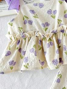 Bộ 2 món cho bé gái, chất liệu chiffon, họa tiết hoa nhí, nơ trang trí, kiểu dáng thường ngày, gồm áo vest và quần, màu tím nhạt. - Màu tím hoa cà - Xem 8