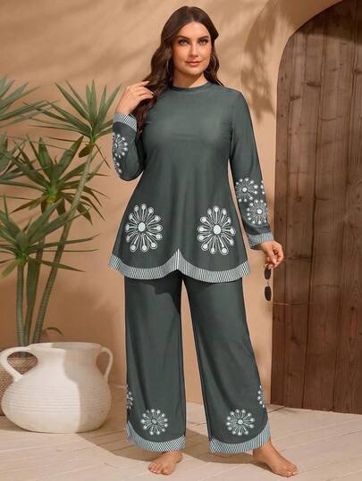 Swim Mulvari Plus Size Muslim Striped & Floral Print Long Sleeve Top And Pants Modest Sunscreen Swimsuit Set