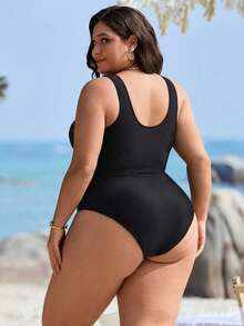 Slaydiva Traje de baño de una pieza para mujer talla grande con estampado de leopardo aleatorio y contraste de malla sexy - Negro - Ver 2