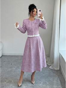 Elenzga Đầm không tay phối màu xanh trắng với túi cài khuy, trang phục công sở thanh lịch, thoải mái dành cho nữ. - Màu tím - Xem 5