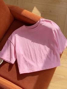 SHEIN EZwear 女士粉色短袖休闲圆领T恤夏季 - 粉色 - 查看 5