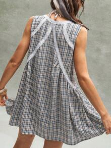 Bohemela 女士休闲格纹V领迷你连衣裙 - 藍白色 - 查看 7
