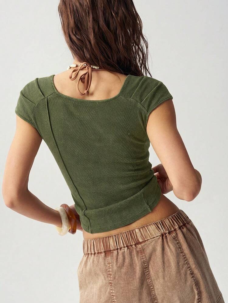 Bohemela Áo thun nữ tay ngắn cổ bẻ màu trơn, kiểu dáng thường ngày, chất liệu dệt kim, phù hợp cho nữ. - xanh quân đội - Xem 2