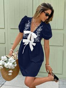 2026 Vestido mini de moda con estampado floral, mangas abullonadas cortas y nudo delantero para mujeres - Azul marino - Ver 5