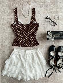 Attitoon Áo tank top nữ dáng ôm, cổ vuông, thắt nơ, họa tiết chấm bi nâu, phong cách retro Y2K đa năng, thích hợp cho lễ hội âm nhạc, trang phục mùa hè. - Nhiều màu - Xem 3