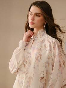 MOTF PREMIUM WOMEN'S SPRING/SUMMER FRILL COLLAR LONG SLEEVE FLORAL  LYOCELL ELEGANT ROMANTIC BLOUSE - Apricot - View 2