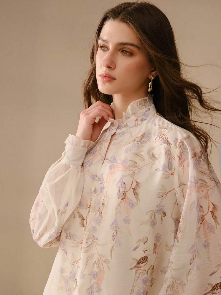 WOMEN'S SPRING/SUMMER FRILL COLLAR LONG SLEEVE FLORAL  LYOCELL ELEGANT ROMANTIC BLOUSE