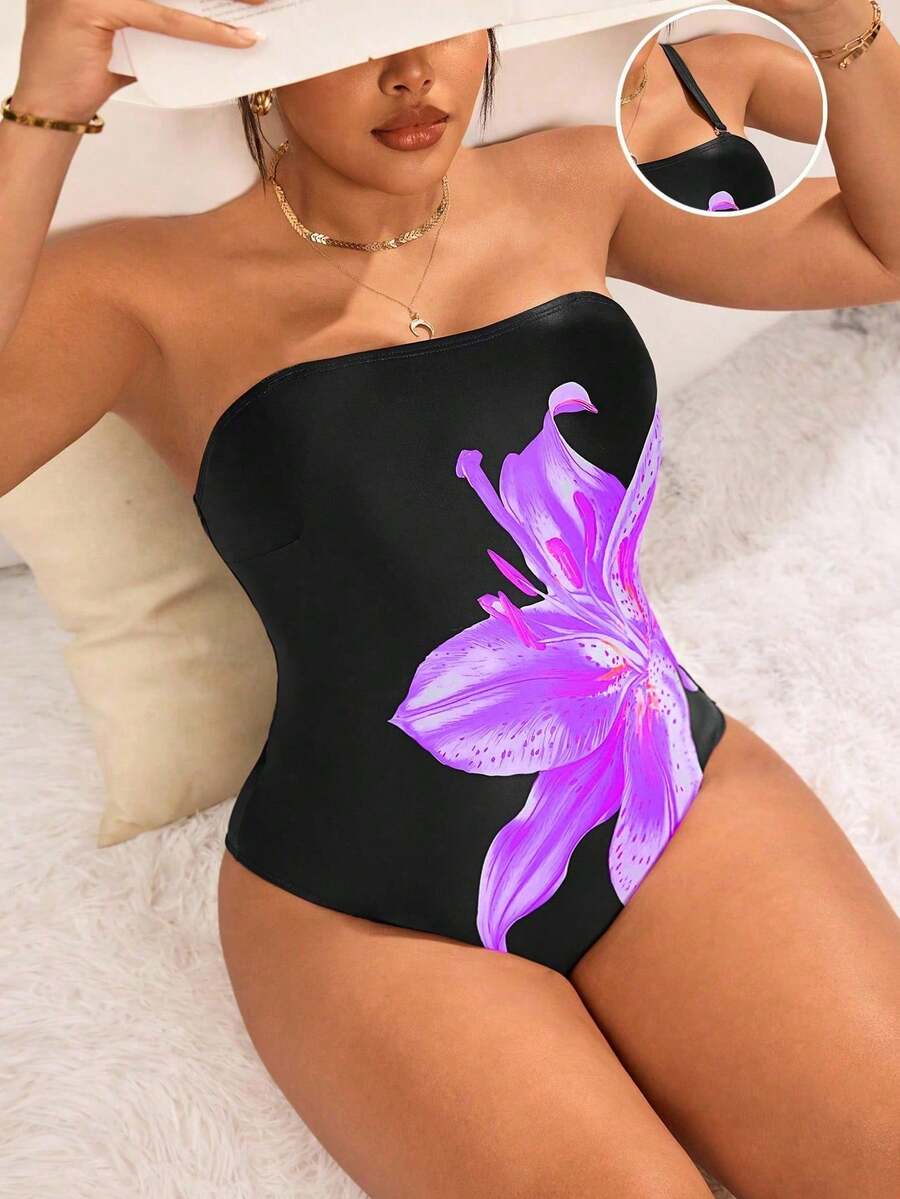 Swim Vcay Plus Size Women's Black Classy Lily Flower Print Detachable Strap One-Piece Swimsuit,Strapless Bikini Bathing Suit For Summer Beach Holiday Occasion - Multicolor - View 1