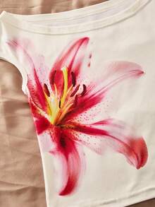 SHEIN Sparklyn 2pcs/Set Girls Vacation Tight Off-Shoulder Multi-Piece Multi-Color T-Shirt - White - View 5