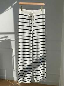 Comfortcana Plus Size Women Drawstring Waist Striped Casual Versatile Daily Wear Knit Pants - White - View 3