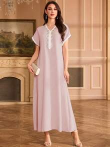 Al Najma Đầm dự tiệc/nghỉ lễ cổ chữ V đính ren dành cho nữ - Hồng - Xem 5