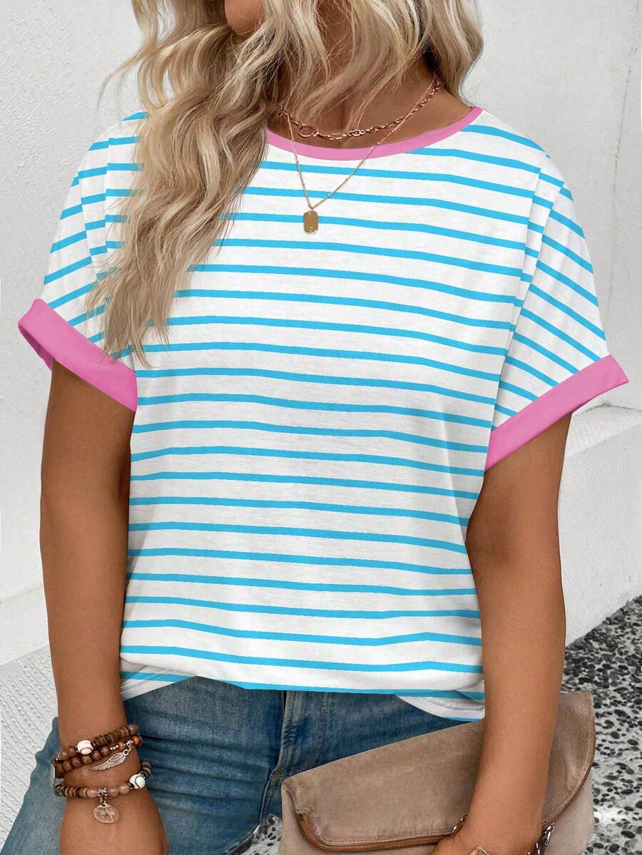 EMERY ROSE Camiseta casual versátil de talla grande con cuello redondo, manga corta y estampado de rayas para mujer, nueva colección primavera/verano - Blanco - Ver 1