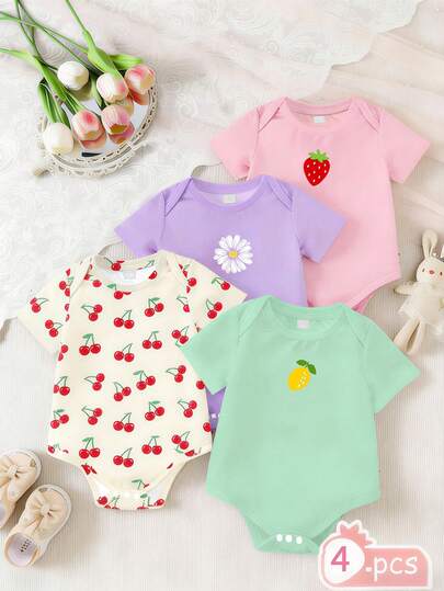 Bộ 4 món cho bé gái 1-24 tháng tuổi, áo liền quần ngắn tay dễ thương, tươi tắn/năng động, in hình quả anh đào/dâu tây/hoa cúc/chanh, chất liệu nhẹ, mềm mại, thoáng khí, phù hợp mặc hàng ngày, ở nhà, các sự kiện quan trọng, tiệc sinh nhật, mùa xuân/hè/thu.