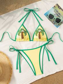 Swim Mod Bộ bikini màu vàng mới, đồ bơi gợi cảm dành cho nữ, thích hợp cho kỳ nghỉ biển với họa tiết cây dừa, bộ bikini màu vàng mùa xuân/hè họa tiết cây cọ. - Màu vàng - Xem 2
